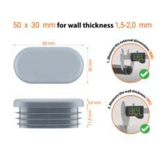  Technical drawing: Oval plug 50x30 mm with wall thickness 1,5-2,0 mm and measuring guide with caliper