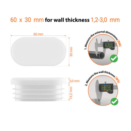  Technical drawing: Oval plug 60x30 mm with wall thickness 1,2-3,0 mm and measuring guide with caliper