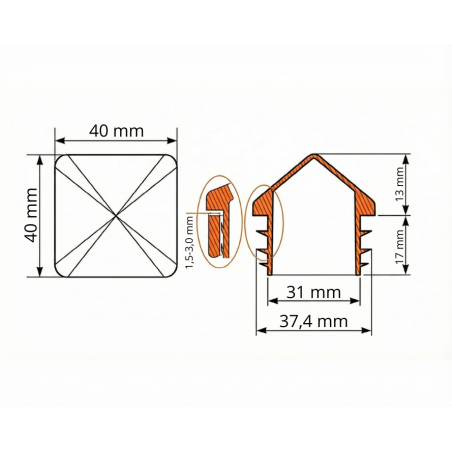 PE Pyramid End Cap for Square Tubes 40x40 EMFA GmbH