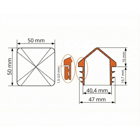 PE Pyramid End Cap for Square Tubes 50x50 EMFA GmbH