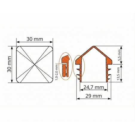 PE Pyramid End Cap for Square Tubes 30x30 EMFA GmbH