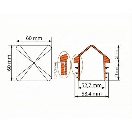 PE Pyramid End Cap for Square Tubes 60x60 EMFA GmbH