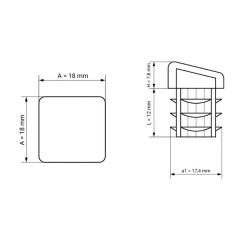 Angled square insert cap 18x18 mm Black