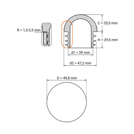 Domed insert cap for round tubes 49,8 round tube insert caps 49,8 EMFA GmbH