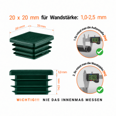 Square end caps for steel box section 20x20 mm Green colour