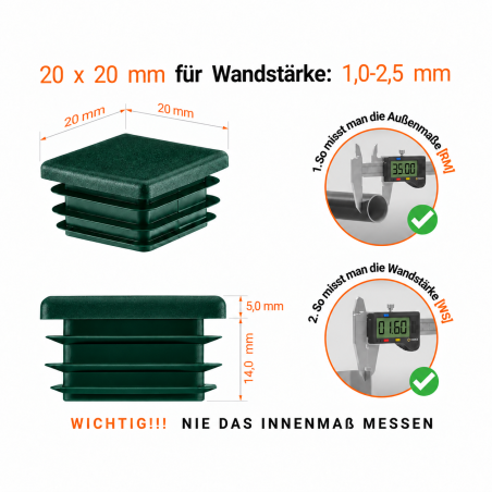 Square end caps for steel box section 20x20 mm Green colour Square end caps for steel box section 20x20 mm Green square end cap 20x20 plastic square tube inserts 2x2 cm End cap for sq