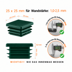 Square end caps for steel box section 25x25 mm Green colour