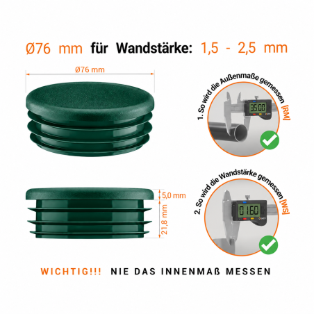 Round plastic tube inserts 76 mm in Green colour Green plastic plug for 76 mm round tube. Plastic pipe end caps, round tube inserts, round plastic end caps from EMFA.