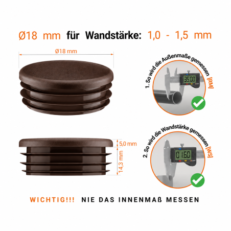 Round plastic tube inserts 18 mm in Brown colour Brown plastic plug for 18 mm round tube. Plastic pipe end caps, round tube inserts, round plastic end caps from EMFA.