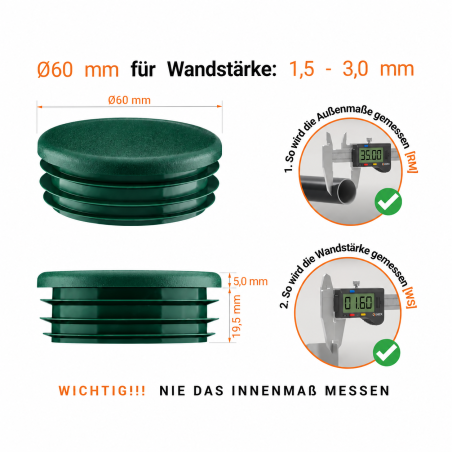 Green plastic plug for 60 mm round tube. Plastic pipe end caps, round tube inserts, round plastic end caps from EMFA.