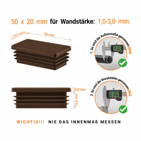 Rectangular end caps for 20x50 mm steel box section. Brown rectangular tube caps, plastic caps, end caps from EMFA.