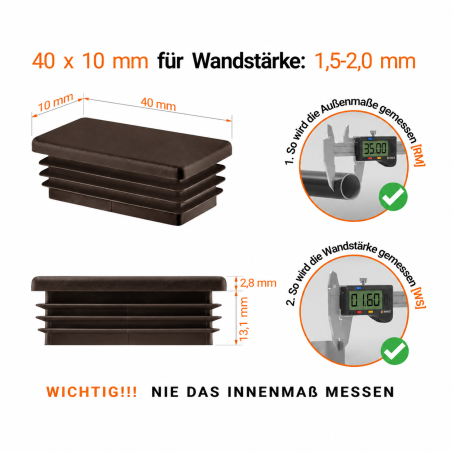 Rectangular end caps for 10x40 mm steel box section. Brown rectangular tube caps, plastic caps, end caps from EMFA.