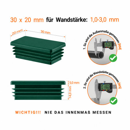 Rectangular end caps for 20x30 mm steel box section. Green rectangular tube caps, plastic caps, end caps from EMFA.