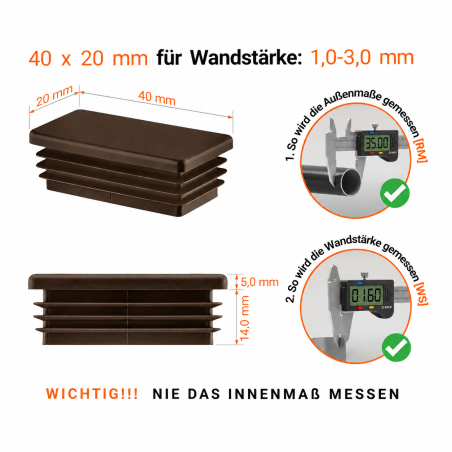 Rectangular end caps for 20x40 mm steel box section. Brown rectangular tube caps, plastic caps, end caps from EMFA.