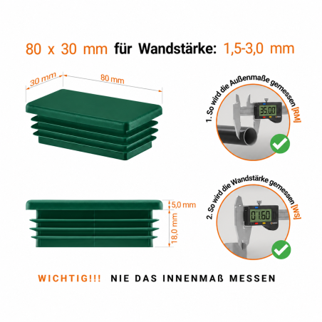 Rectangular end caps for 30x80 mm steel box section. Green rectangular tube caps, plastic caps, end caps from EMFA.