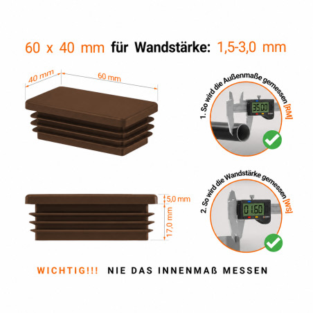 Rectangular end caps for 40x60 mm Brown colour Rectangular end caps for 40x60 mm steel box section. Brown rectangular tube caps, plastic caps, end caps from EMFA.