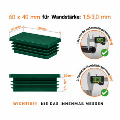 Rectangular end caps for 40x60 mm steel box section. Green rectangular tube caps, plastic caps, end caps from EMFA.