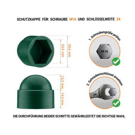 Acorn nut cap M16 key 24 Green 10 year guarantee!