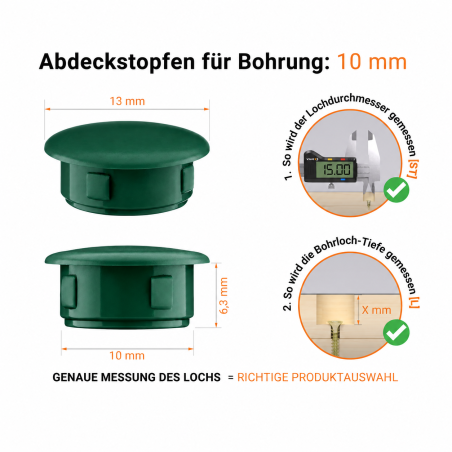 Drill hole cover cap 13x10 mm Green Plastic hole plug 13x10 mm Green, 10-year warranty!