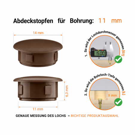 Drill hole cover cap 14x11 mm Brown Plastic hole plug 14x11 mm Brown, 10-year warranty!