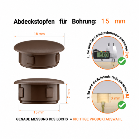Drill hole cover cap 18x15 mm Brown Plastic hole plug 18x15 mm Brown, 10-year warranty!