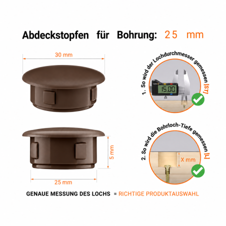 Drill hole cover cap 30x25 mm Brown Plastic hole plug 30x25 mm Brown, 10-year warranty!