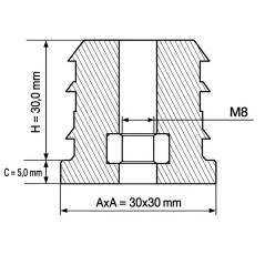 Reinforced square tube insert with metal thread 30x30 mm M8 Black