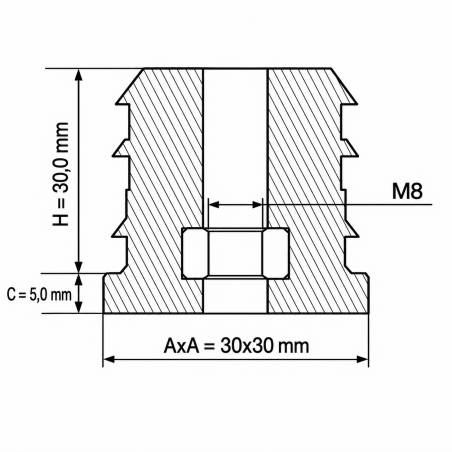 Reinforced square tube insert with metal thread 30x30 mm M8 threaded square tube insert EMFA GmbH