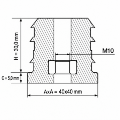 Reinforced square tube insert with metal thread 40x40 mm M10 Black