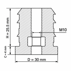 Threaded insert for round tubes with metal insert 30 mm M10 Black