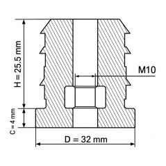 Threaded insert for round tubes with metal insert 32 mm M10 Black