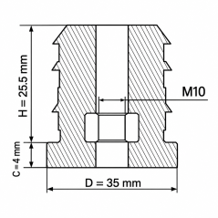 Threaded insert for round tubes with metal insert 35 mm M10 Black