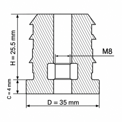 Threaded insert for round tubes with metal insert 35 mm M8 Black