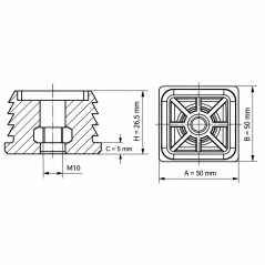 Square tube insert with metal thread 50x50 mm M10 Black