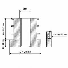 Threaded insert for round tubes in PA 20 mm M10 Black