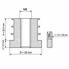 Threaded insert for round tubes in PA 20 mm M8 Black