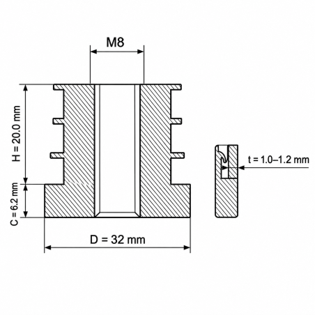 Threaded insert for round tubes in PA 32 mm M8 threaded insert for round tubing 32 EMFA GmbH