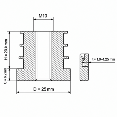 Threaded insert for round tubes in PA 25 mm M10 Black