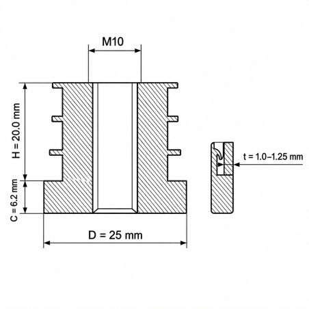 Threaded insert for round tubes in PA 25 mm M10 threaded insert for round tubing 25 EMFA GmbH