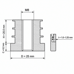 Threaded insert for round tubes in PA 25 mm M8 Black