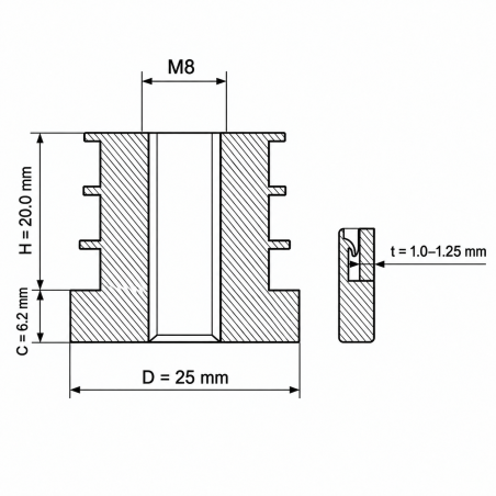 Threaded insert for round tubes in PA 25 mm M8 threaded insert for round tubing 25 EMFA GmbH