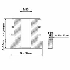 Threaded insert for round tubes in PA 30 mm M10 Black