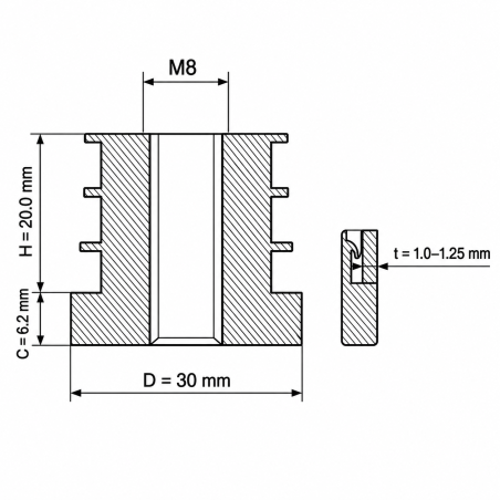Threaded insert for round tubes in PA 30 mm M8 threaded insert for round tubing 30 EMFA GmbH