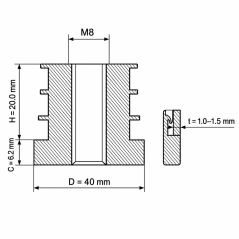 Threaded insert for round tubes in PA 40 mm M8 Black