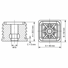 Rectangular tube insert with metal thread 40x50 mm M10 Black