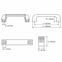 Bridge Handle with Through Holes and Flush End Caps 120 mm - d 6,5 mm - black handle - end caps Blue