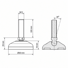 Reinforced articulating leveling foot Ø60 M12x100 Black