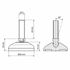 Reinforced articulating leveling foot Ø60 M12x40 Black