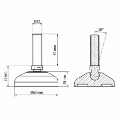Reinforced articulating leveling foot Ø60 M12x60 Black