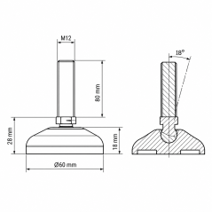 Reinforced articulating leveling foot Ø60 M12x80 Black